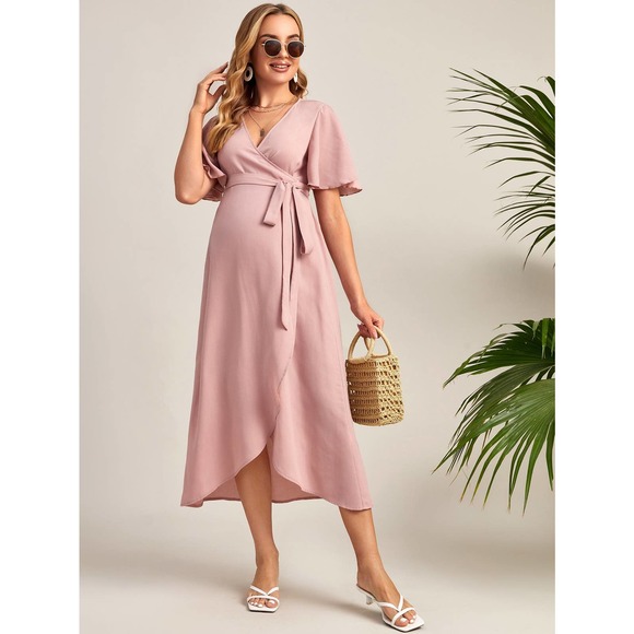 Maternity Flutter Sleeve Belted Wrap Dress pink - Picture 3 of 8
